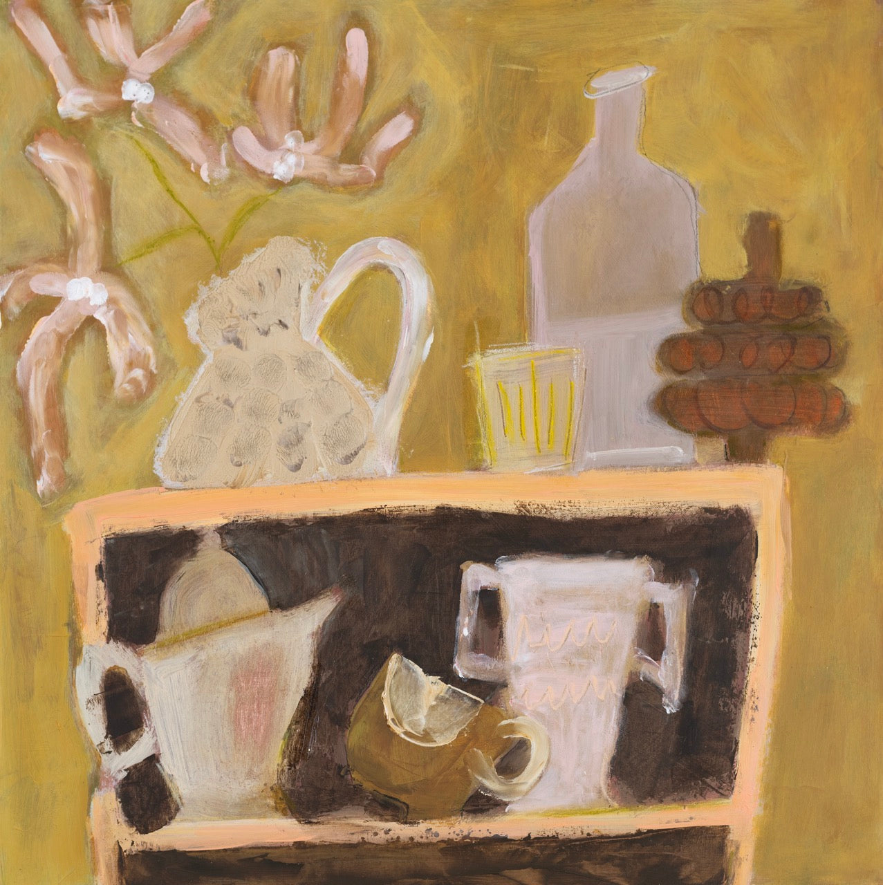 A still life painting in acrylic and mixed media of a shelf with a vase, flowers, a coffee pot and a glass bottle on it