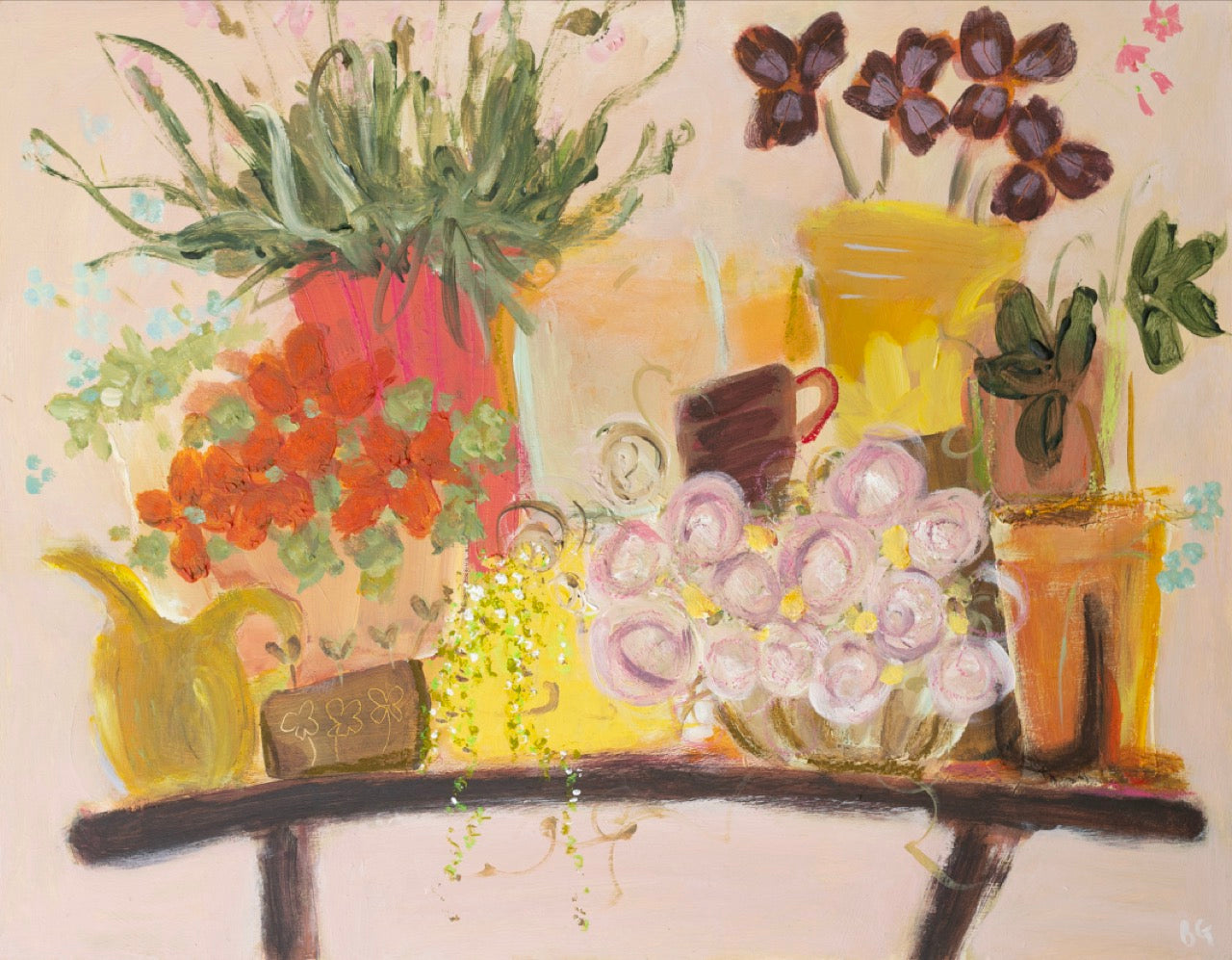 A vibrant acrylic painting of many pots with floral plants crowding a table