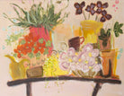 A vibrant acrylic painting of many pots with floral plants crowding a table