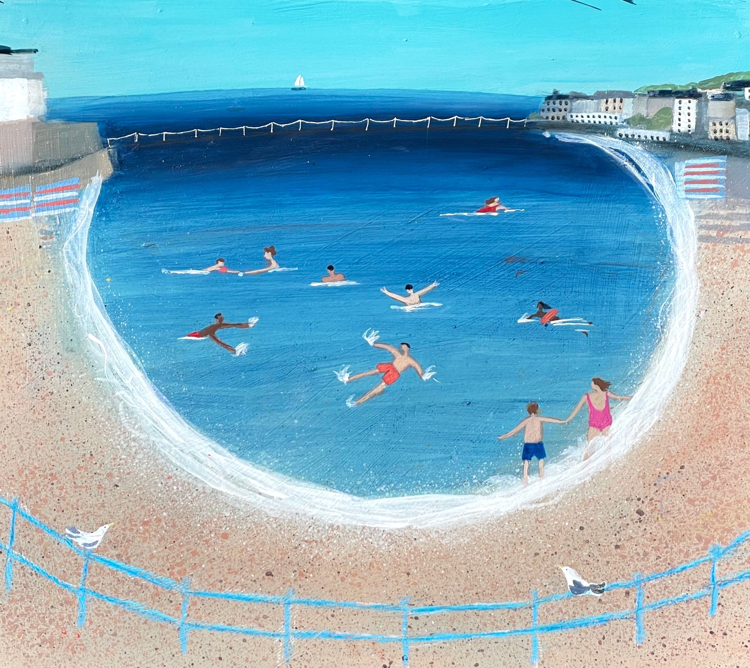 Painting of bathers swimming in Marine Lake by Barbara Peirson
