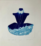 Original print of blue dress with short ruffle skirt by Anna Toppin.