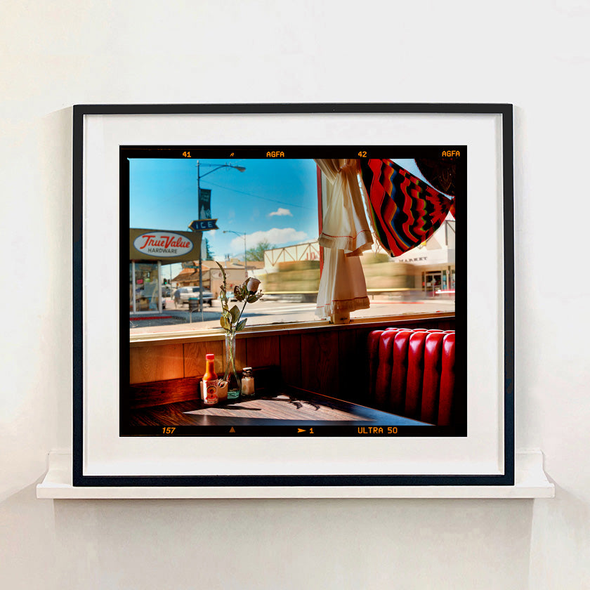 Framed film rebate photograph of American diner window table by Richard Heeps