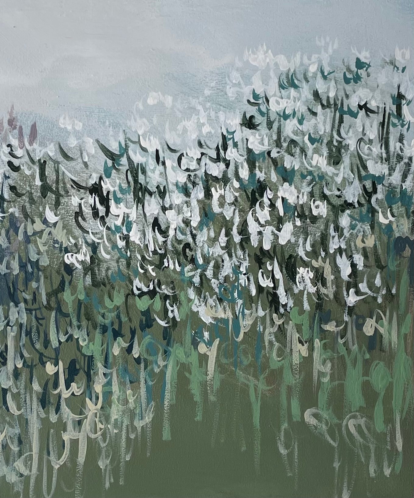 Mixed media abstract landscape painting of Clary, Campion and grasses plants by Claire Oxley.