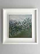 Framed mixed media abstract landscape painting of Clary, Campion and grasses plants by Claire Oxley.