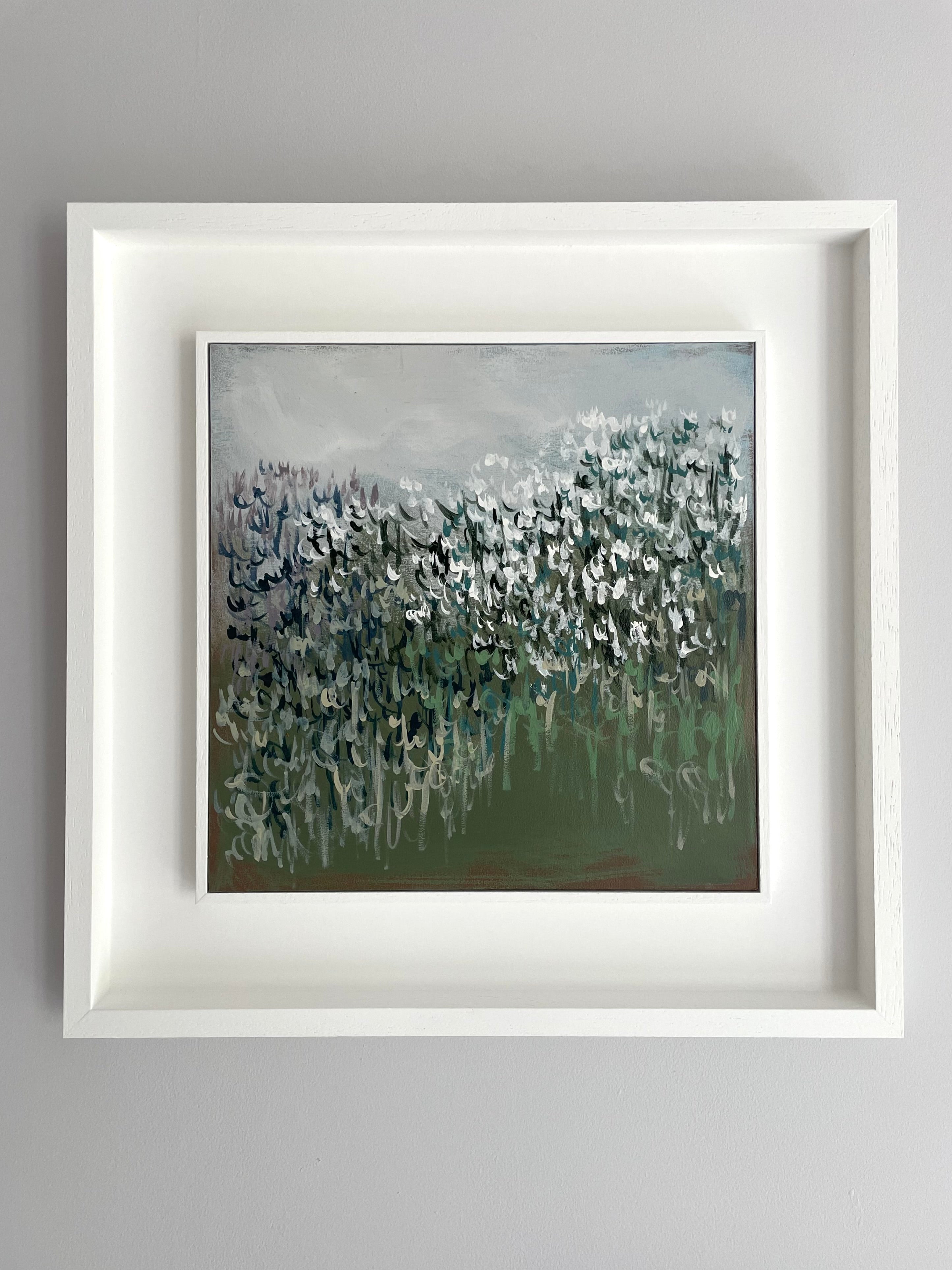 Framed mixed media abstract landscape painting of Clary, Campion and grasses plants by Claire Oxley.
