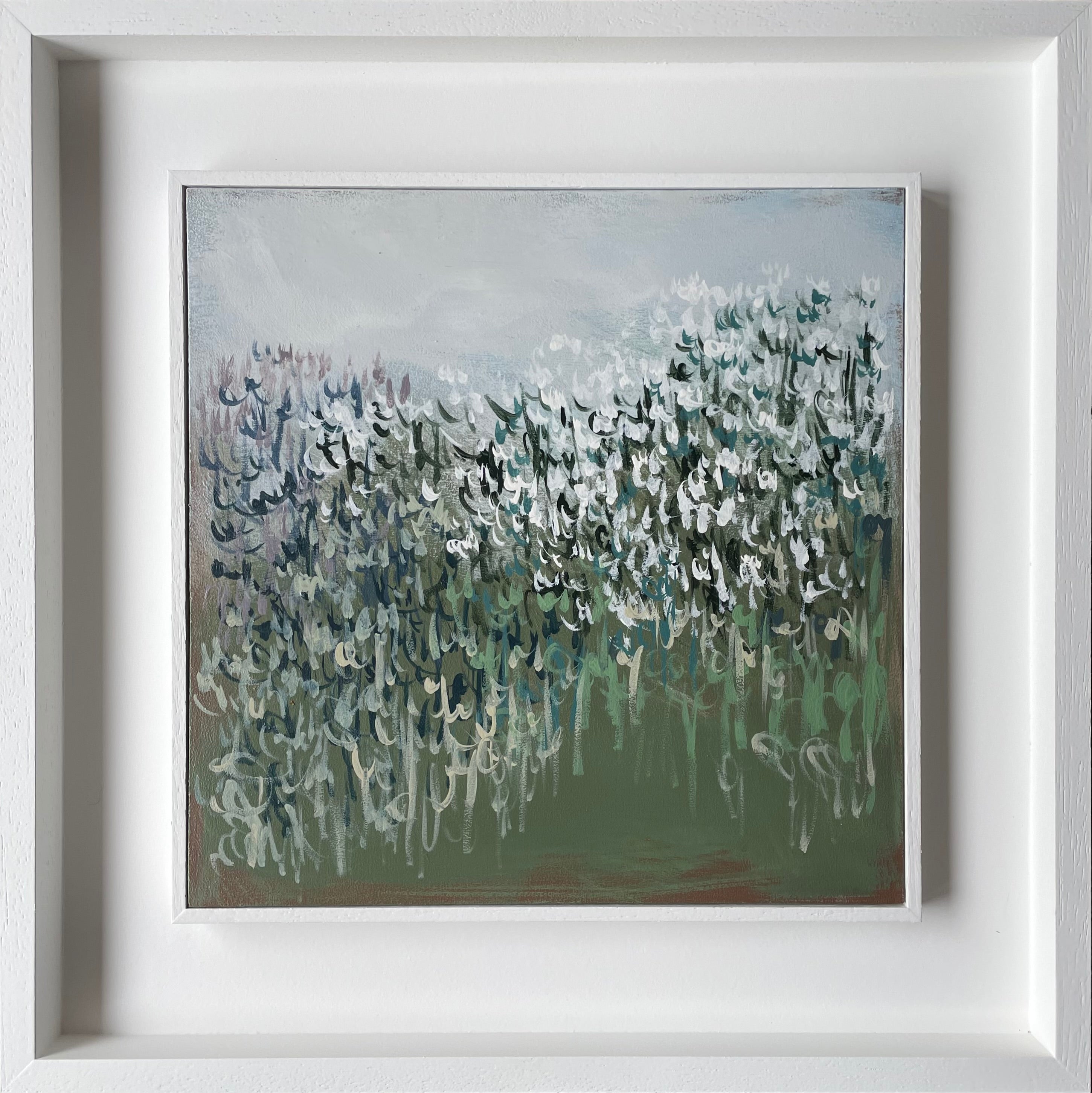 Framed mixed media abstract landscape painting of Clary, Campion and grasses plants by Claire Oxley.