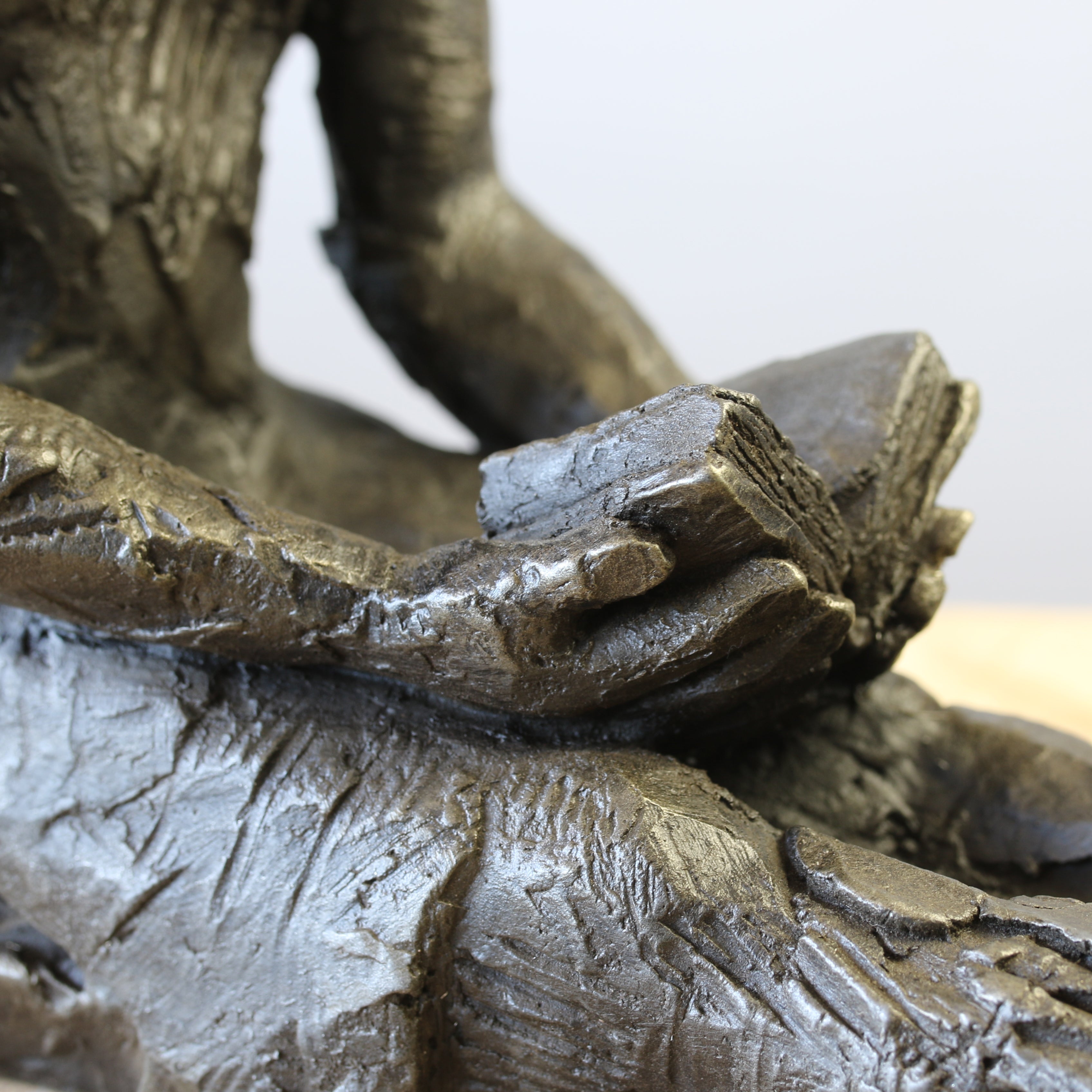 Close up of a Bronze sculpture of girl reading a book by Carol Peace