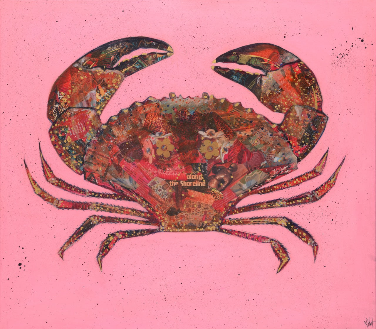 Mixed media collage of a crab on a pink background by Nicola Hart.