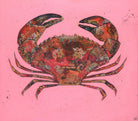 Mixed media collage of a crab on a pink background by Nicola Hart.
