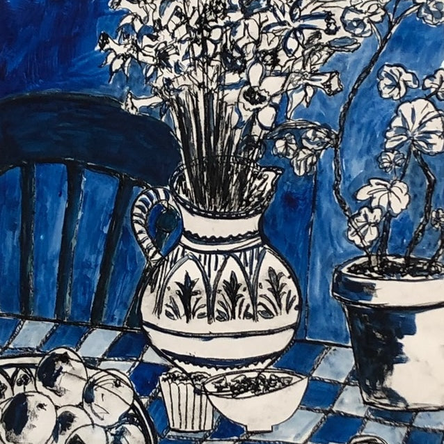 Blue painting of table scape with daffodils, ceramic jugs and a fruit bowl by Antonia Clare.