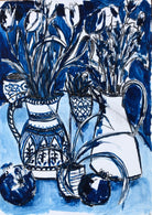 Painting in blue of Tulips on a table in decorative jugs with pomegranates by Antonia Clare