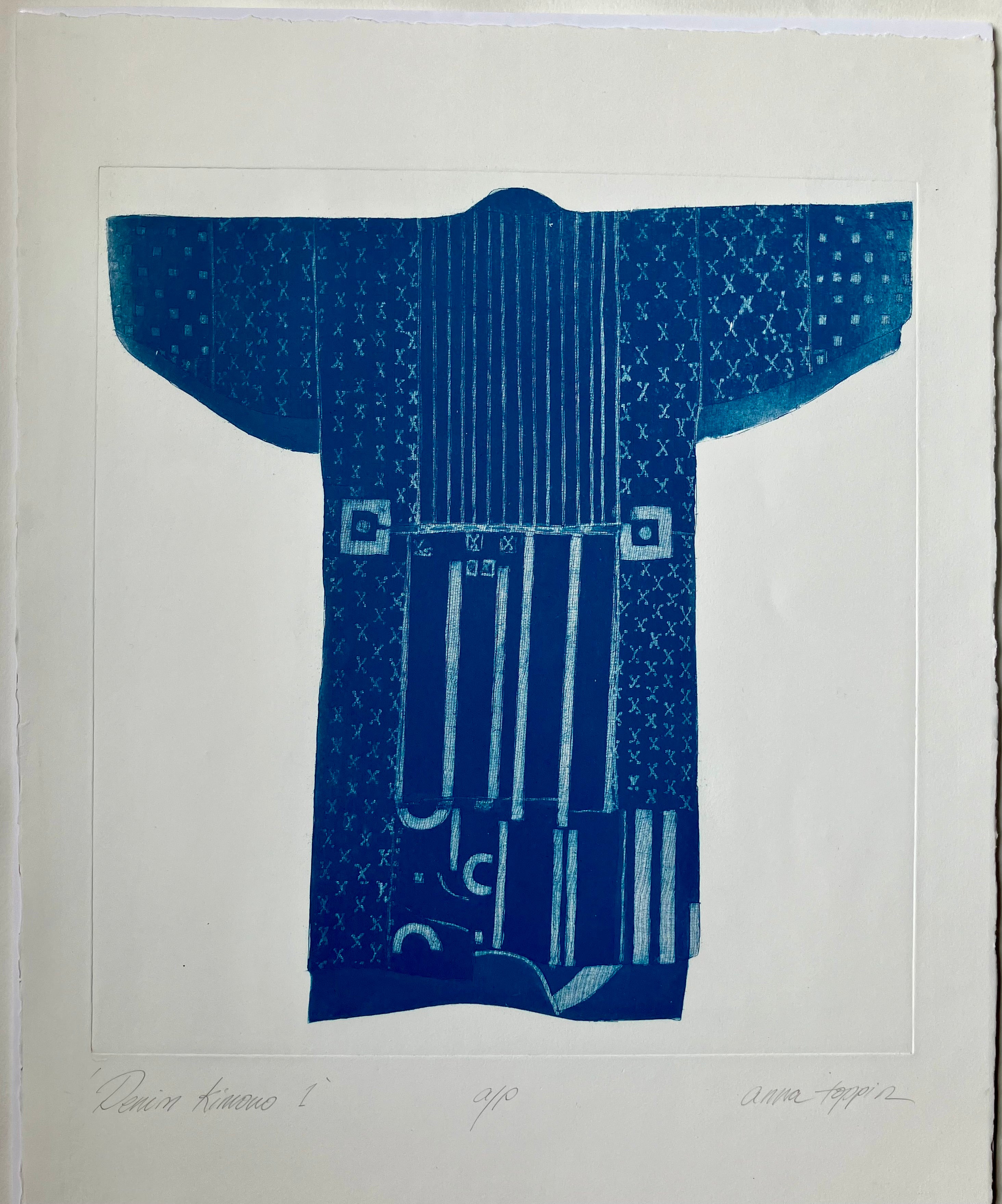 Original print of denim patterned kimono by Anna Toppin