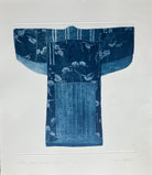 Etching of denim kimono with floral pattern by Anna Toppin