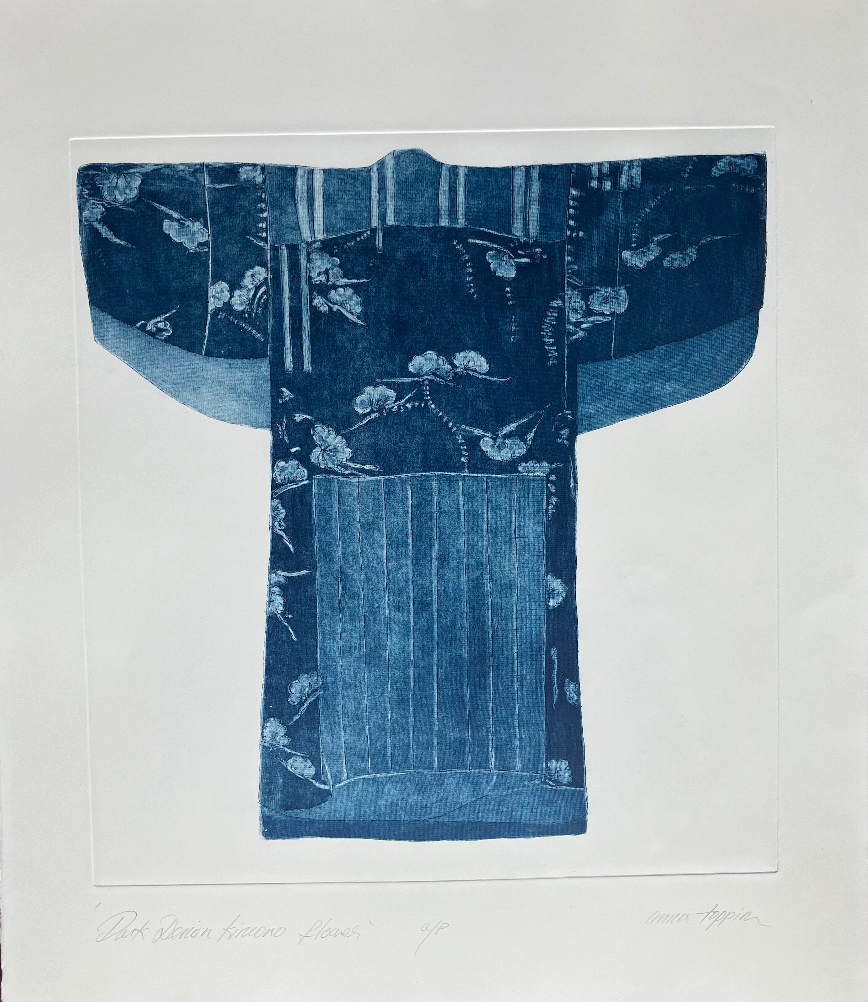 Etching of denim kimono with floral pattern by Anna Toppin
