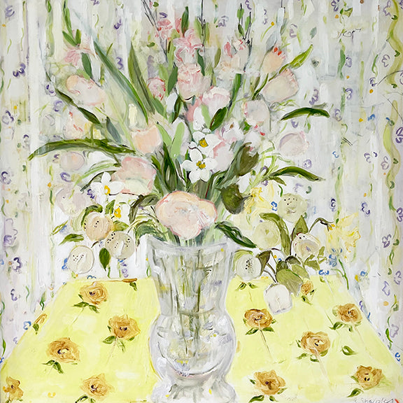 Oil painting of florals in vase by Belynda Sharples
