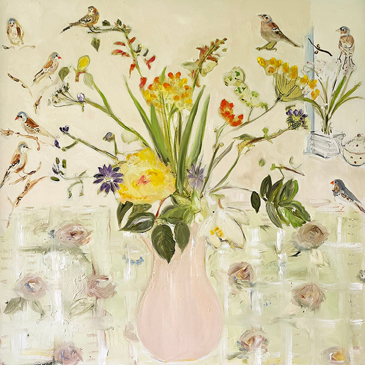 Oil painting of birds on floral vase arrangement by Belynda Sharples
