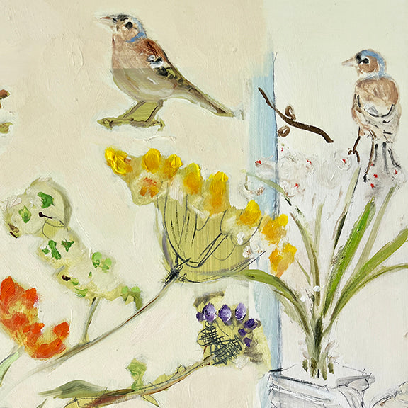 Detail of oil painting of birds on floral vase arrangement by Belynda Sharples