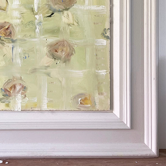 Frame detail of oil painting of birds on floral vase arrangement by Belynda Sharples