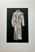 Original etching of coat on a black background by Anna Toppin