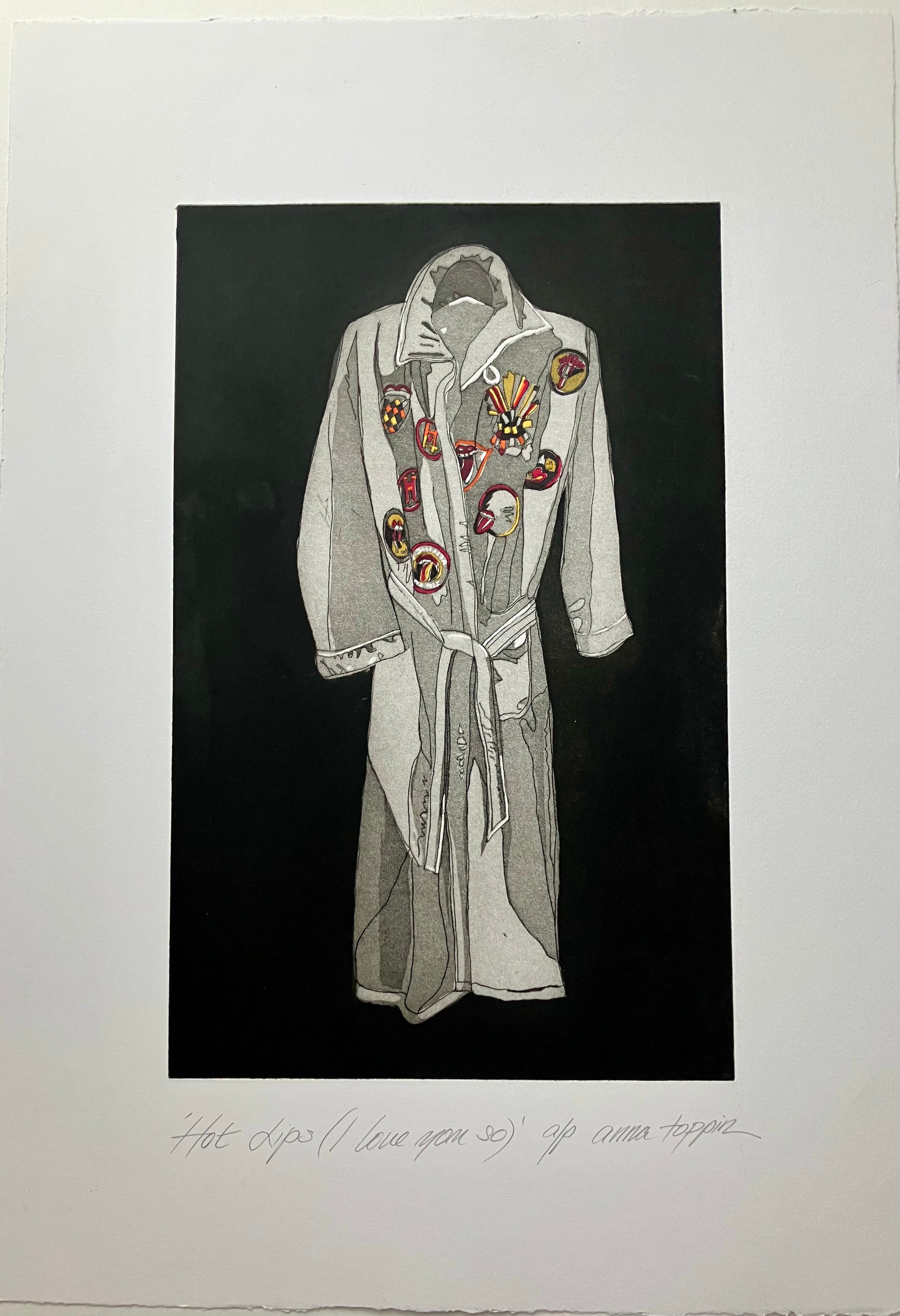 Original etching of coat on a black background by Anna Toppin