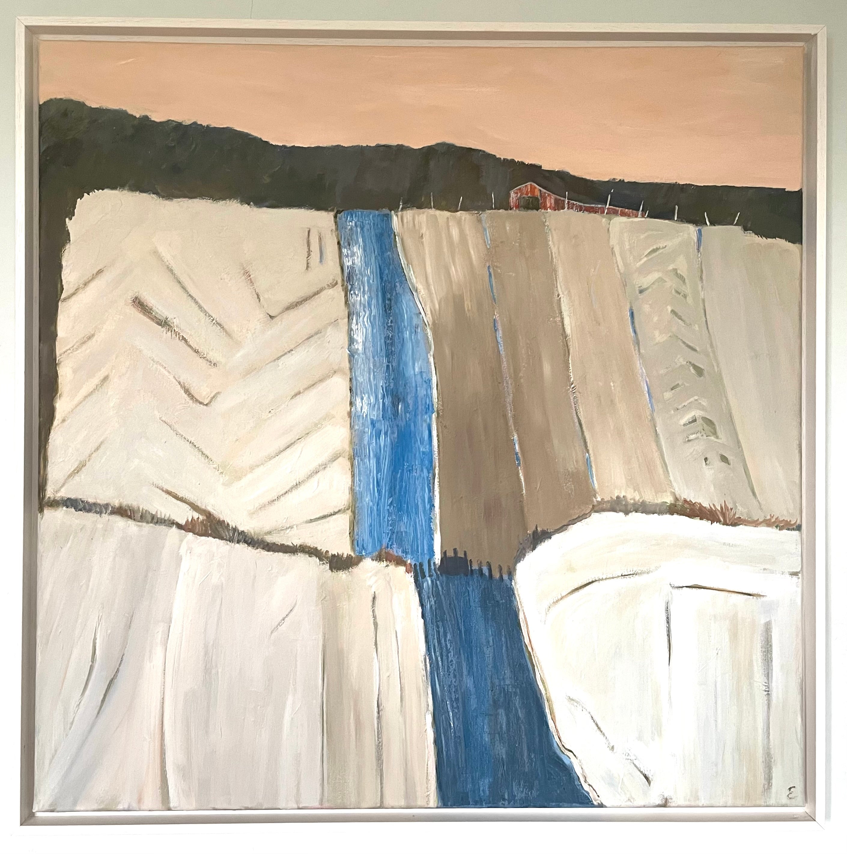 Oil on canvas landscape painting of rural fields by Eileen Coxon