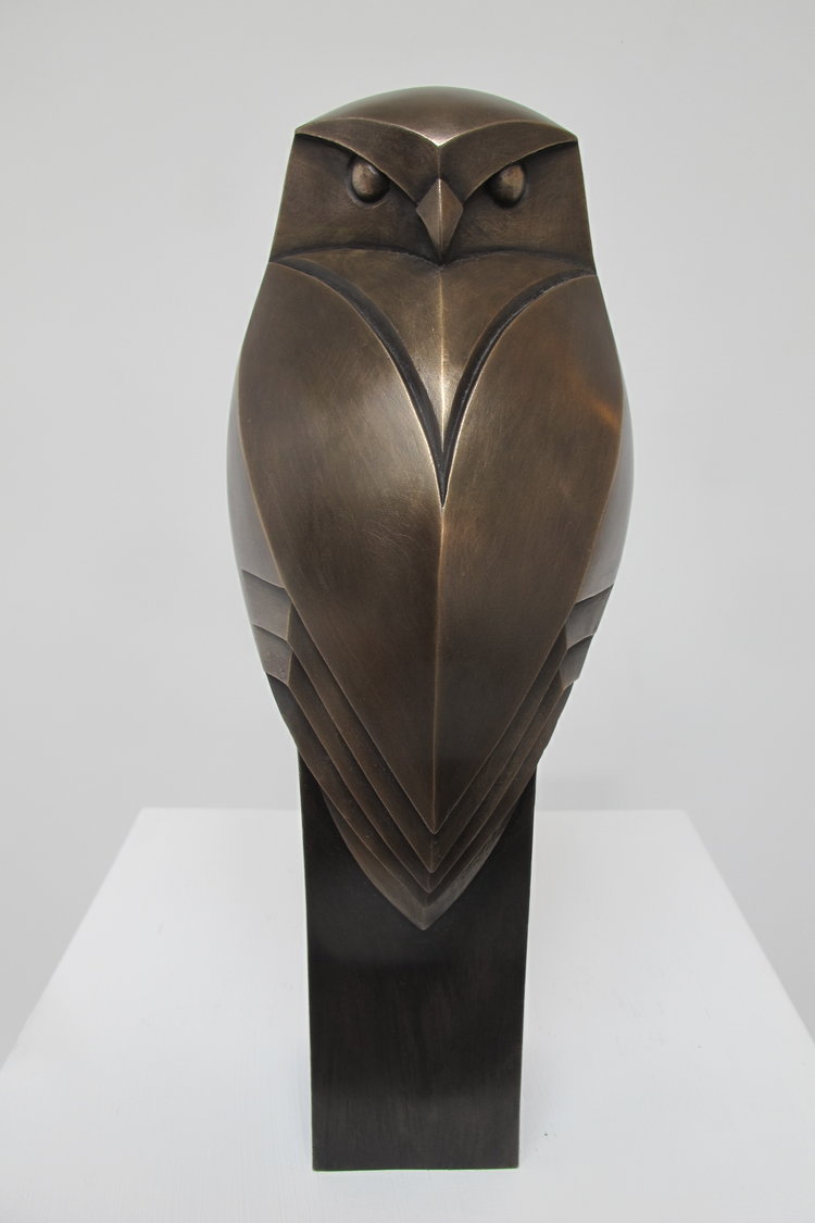 Bronze sculpture of little owl by Paul Harvey