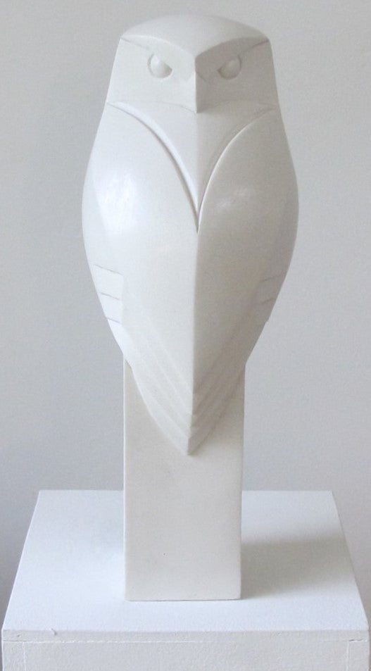 White marble sculpture of little owl by Paul Harvey