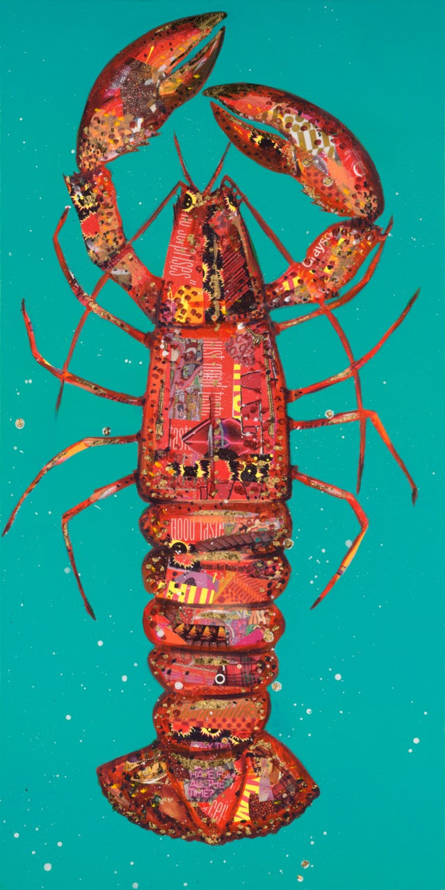 Mixed media collage of a lobster by Nicola Hart