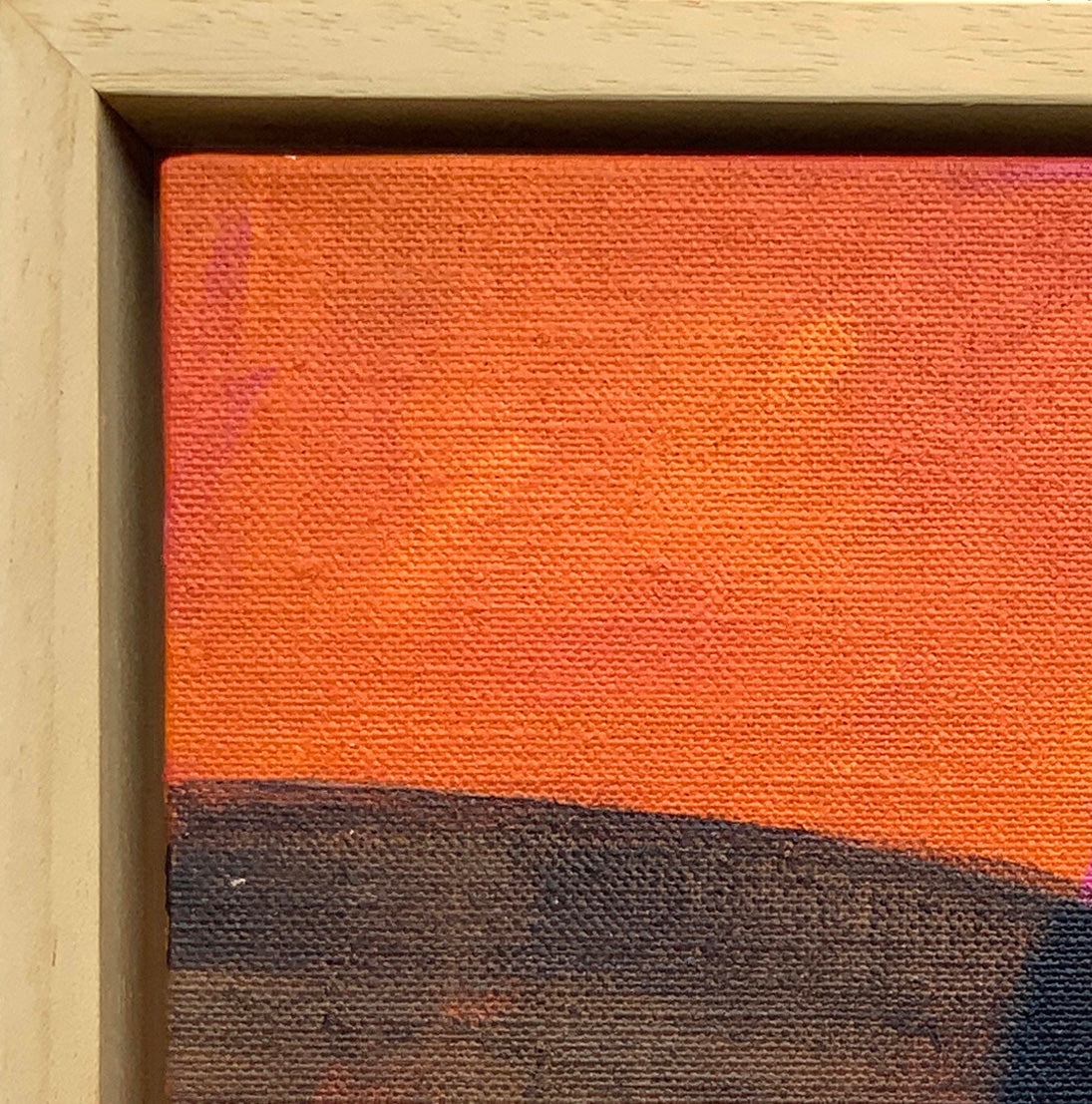 Detail of acrylic painting of abstract shapes in magenta, orange and black by Jo Angell