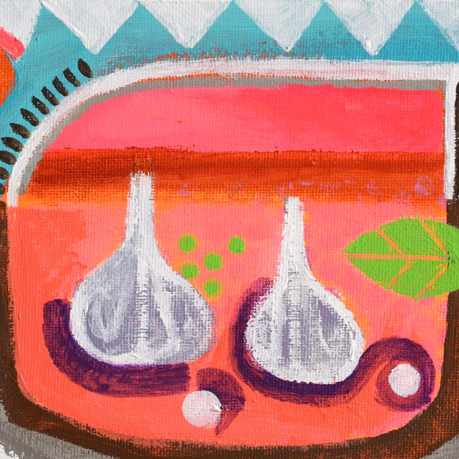 Abstract still life acrylic painting in vibrant colours and flourescents