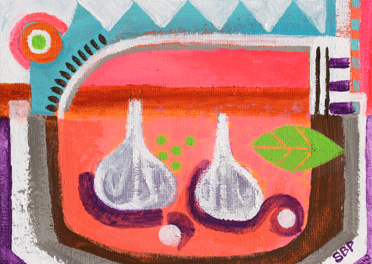 Abstract still life acrylic painting in vibrant colours and flourescents