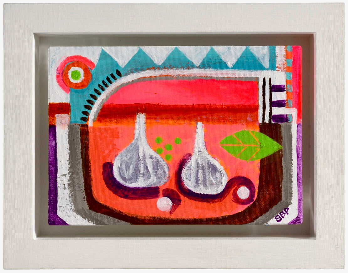 Abstract still life acrylic painting in vibrant colours and fluorescents