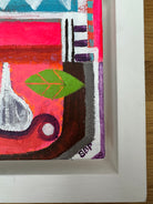 Abstract still life acrylic painting in vibrant colours and fluorescents