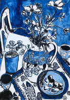 Painting in blue of table scape with decorative vase and flowers and Portugal towel