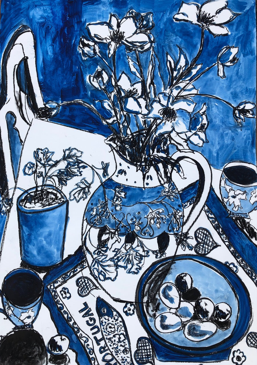 Painting in blue of table scape with decorative vase and flowers and Portugal towel