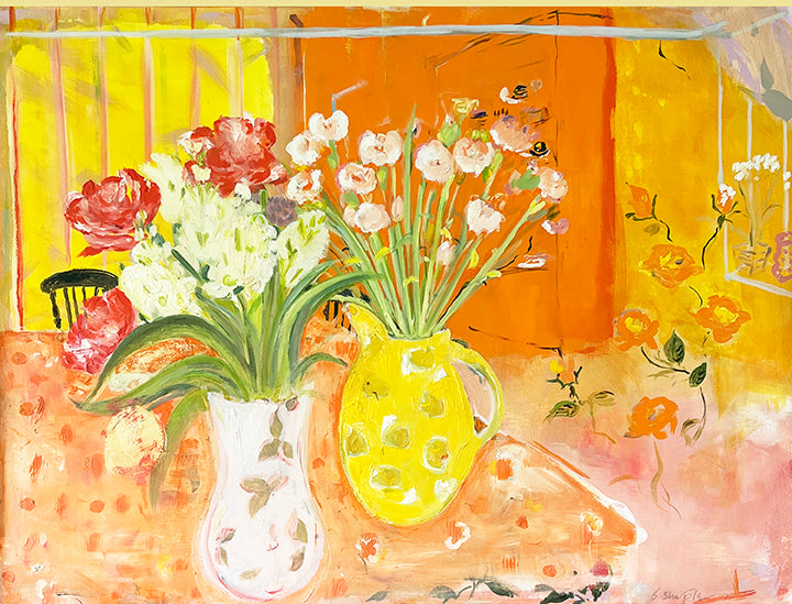 Floral table scape in yellow and orange with decorative vases by Belynda Sharples