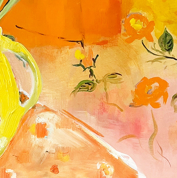 Detail of floral table scape in yellow and orange with decorative vases by Belynda Sharples