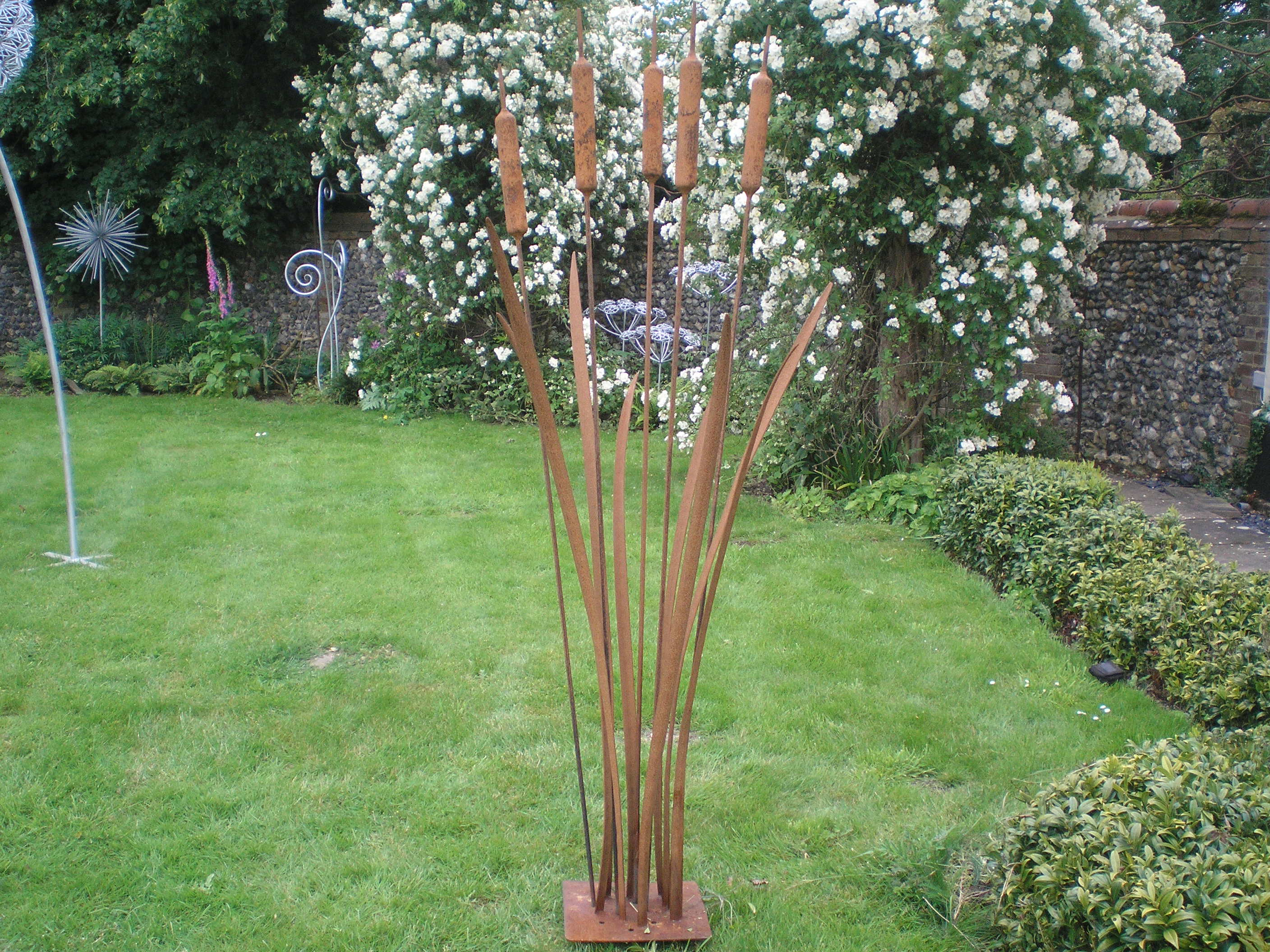 Garden sculpture of bulrush plant in rusting steel by Designs on Metal.