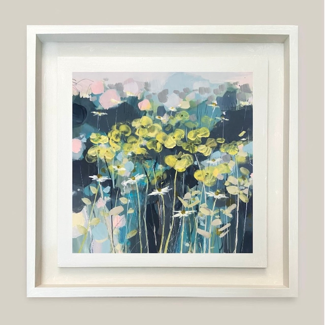 Painting by Tamara Williams of flowers in a contemporary abstract approach. In a frame