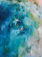 Oil painting on canvas of two people floating in the sea, by Fanie Buys