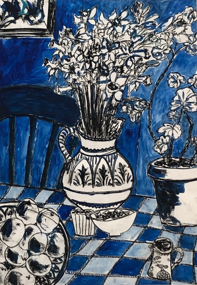 Blue painting of table scape with daffodils, ceramic jugs and a fruit bowl by Antonia Clare.