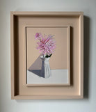 Framed Oil painting of pink Dahlia Heather Marie flower in flowerlet vase.