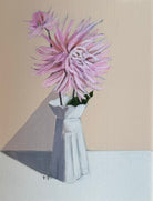 Oil painting of pink Dahlia Heather Marie flower in flowerlet vase.