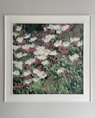 Framed abstract floral painting of Daisies and Campion in a field by Claire Oxley