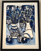 Framed Painting in blue of Tulips on a table in decorative jugs with pomegranates by Antonia Clare