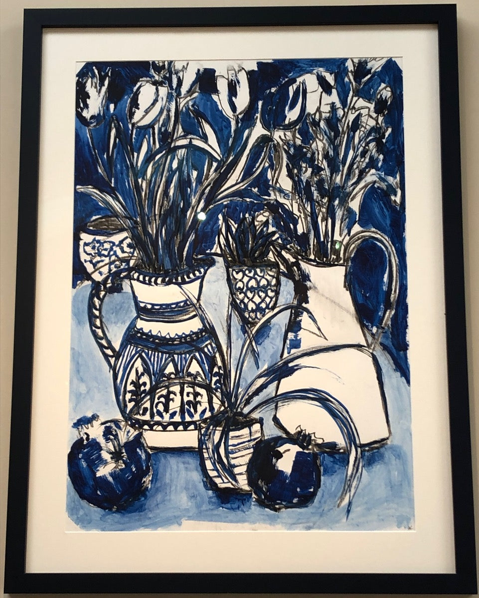 Framed Painting in blue of Tulips on a table in decorative jugs with pomegranates by Antonia Clare