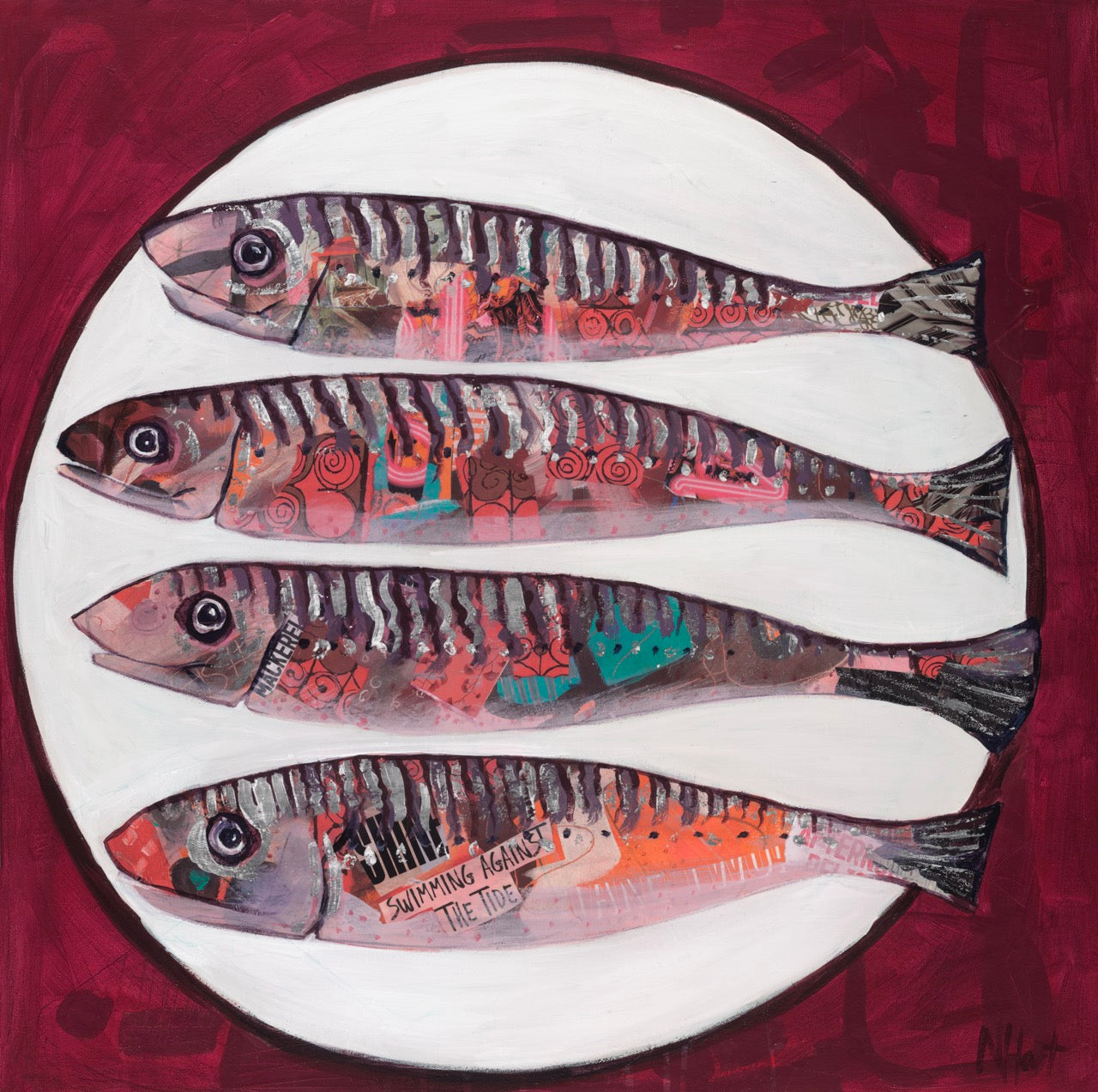 Fish on a plate collage by artist Nicola Hart