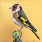 Gold foil background with oil painting of gold finch by Becky Munting