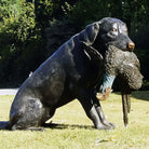 Bronze garden sculpture of Labrador holding pheasant in its mouth by John Cox