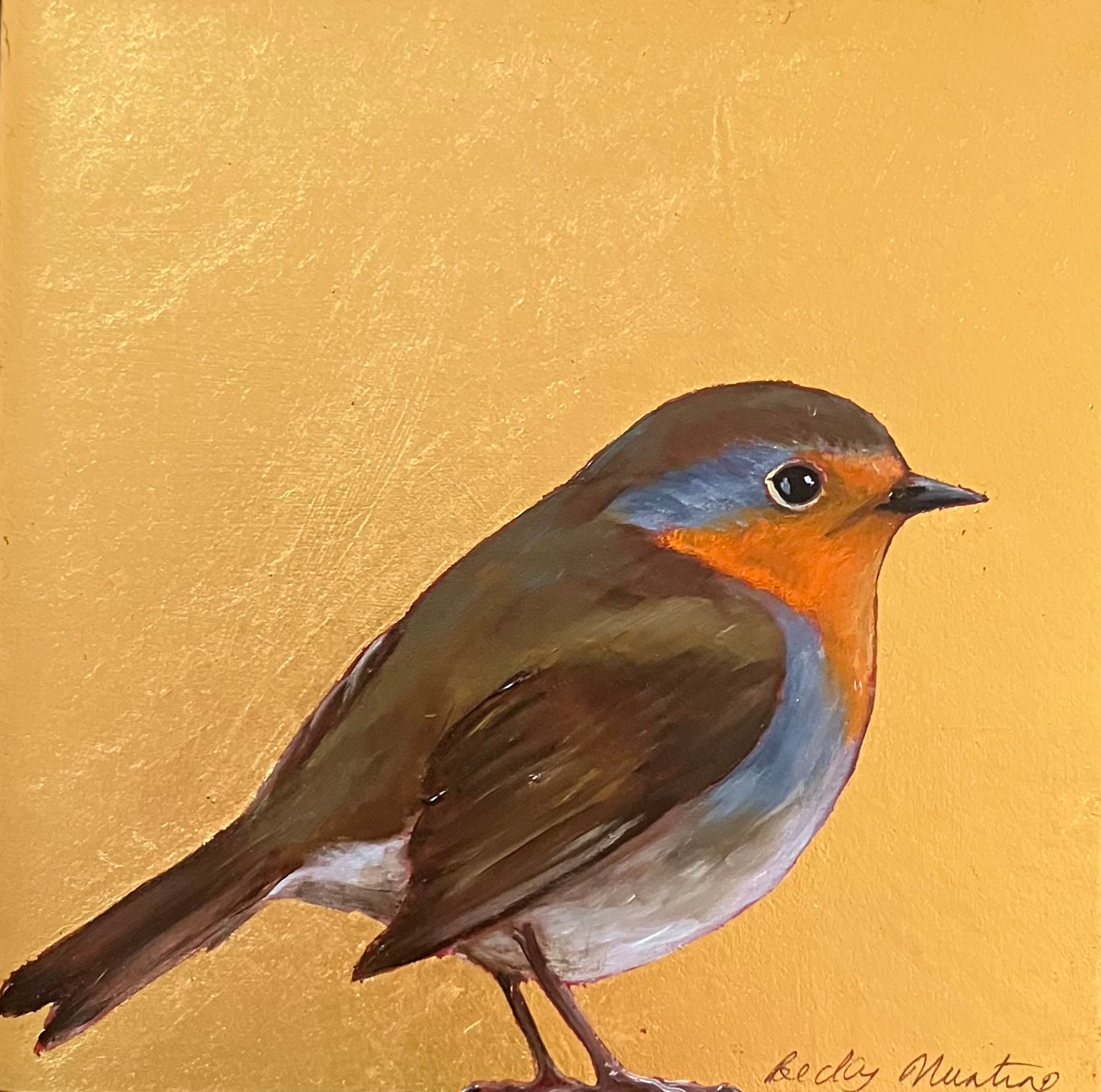 Gold foil background with oil painting of robin by Becky Munting